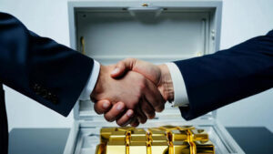 Business handshake with gold bars in the background